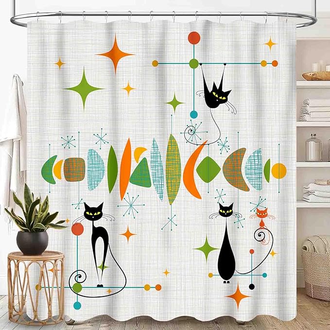 Mid Century Modern Shower Curtain, Retro Geometric Atomic Abstract Black Cat Pattern Middle Century 1950s 1960s Colorful Waterproof Fabric Bathroom Shower Curtain Set with Hooks, 72"x84" Inch