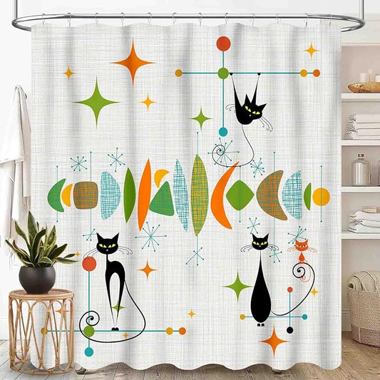 Mid Century Modern Shower Curtain, Retro Geometric Atomic Abstract Black Cat Pattern Middle Century 1950s 1960s Colorful Waterproof Fabric Bathroom Shower Curtain Set with Hooks, 72"x84" Inch
