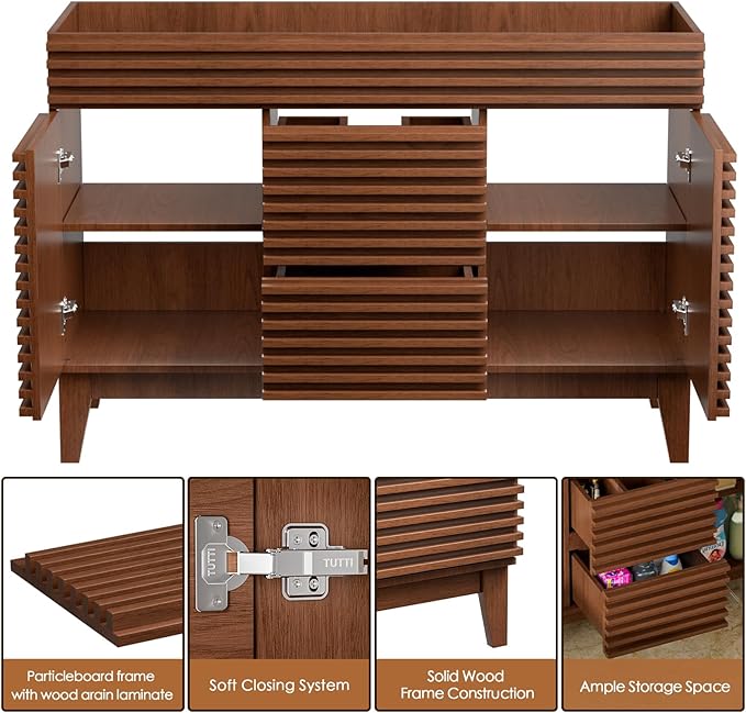 ROOMTEC 48" Bathroom Vanity, Mid-Century Freestanding Bathroom Cabinet Vanity with Storage, Particleboard Frame with Wood Grain Laminate, Walnut (Sink Basin Not Included)