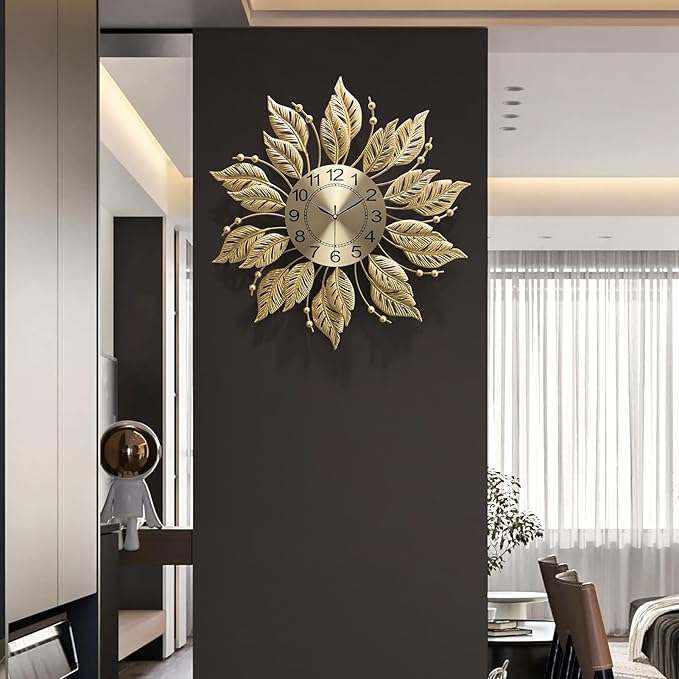 Gold Wall Clock Sunburst,23 Inch Mid Century Decorative Modern Wall Clocks Battery Operated Sunburst Large Handmade Home Art Decor for Living Room,Corridor,Staircase,Kitchen&Thoughtful Gift