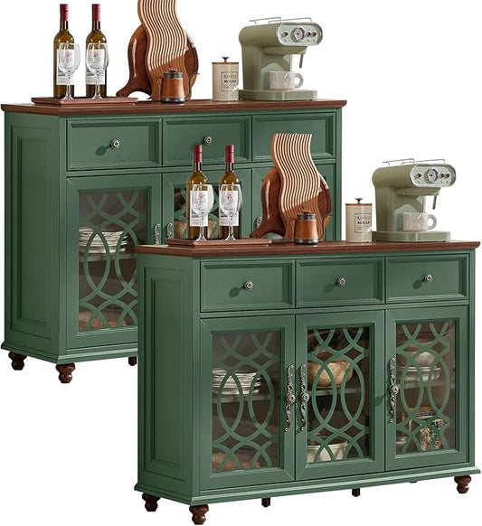 Large Sideboard Buffet Cabinet Set of 2 with Storage,48" Credenza with 3 Glass Doors & 3 Drawers,Adjustable Shelves Coffee Bar,Wood Kitchen Console Table for Dining Room,Green