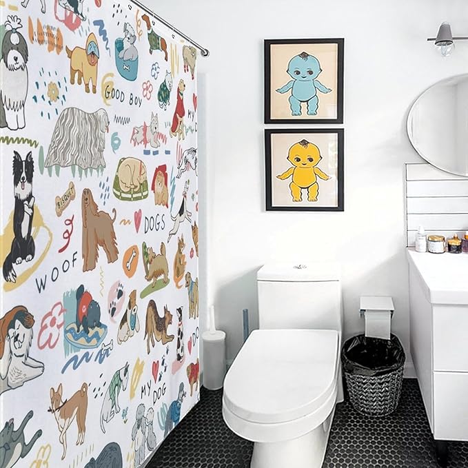 Dog Print Shower Curtain Different Types Cartoon Puppy Dog Pattern Duty Fabric Shower Curtains Set Bathroom Polyester Waterproof with 12 Hooks, 66x72Inch（168x183cm）