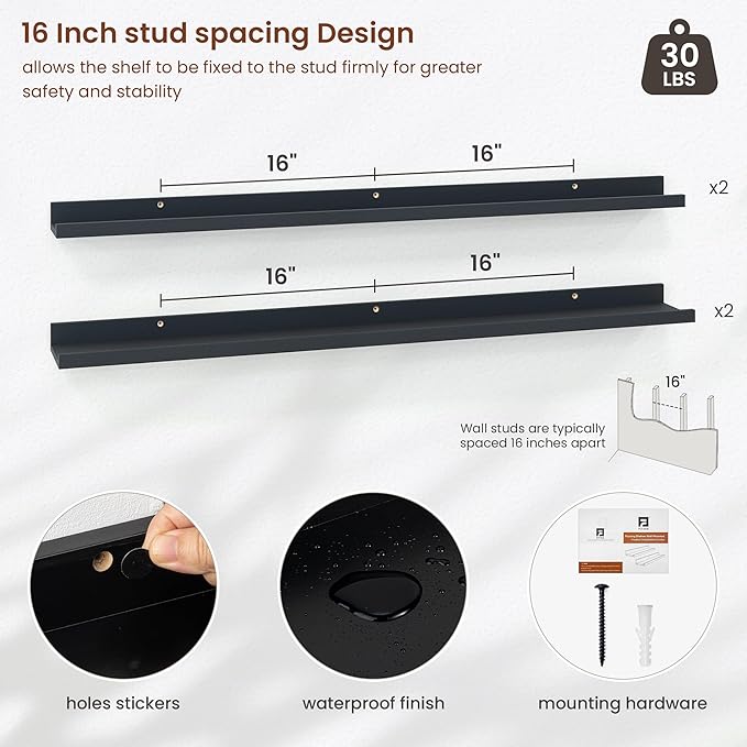 Axeman Picture Ledge Shelf | 48 Inch Black Floating Shelves Set of 4 | Rustic Wood Wall Shelves with Lip | 48" Black Picture Shelves for Wall with Ledge | Photo Shelves