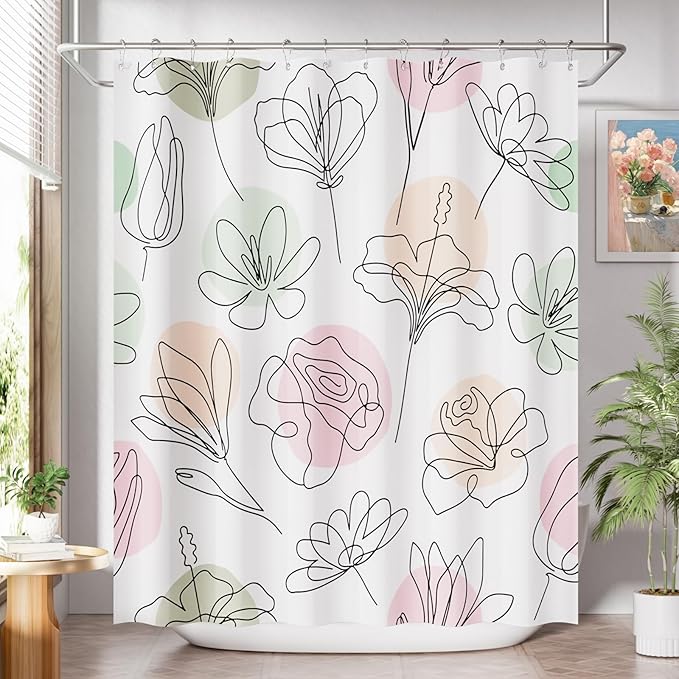 AmazerBath Floral Shower Curtain, 72"x72" Washable Cloth Spring Black Ink Blooms Shower Curtain with 12 Metal Hooks, Farmhouse Fabric Rustic Colorful Flower Shower Curtain Set for Bathroom Decor