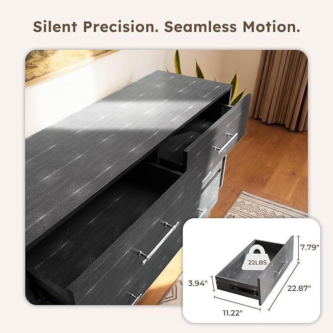 Grey Dresser for Bedroom, 6 Drawer Wood Dresser with Modern Storage Organizer, Wide Chest of Drawers for Clothes, Closet, Living Room