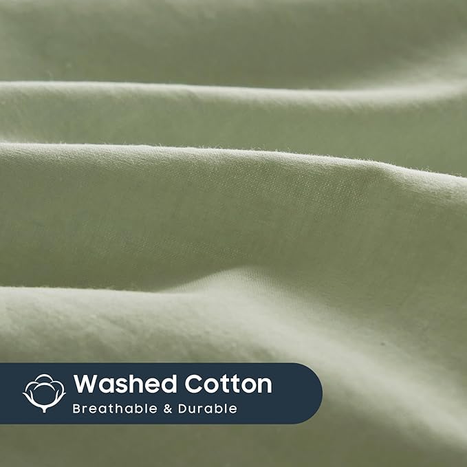 Wake In Cloud - Cotton Duvet Cover Set, 100% Washed Cotton, Linen Like Textured, Breathable Durable Comfy Farmhouse Neutral Bedding Set, 3 Pieces, Sage Green, Twin/Twin XL Size