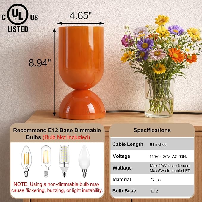 8.9" Modern Glass Table Lamp for Living Room, Dimmable Desk Lamps for Bedroom, UL Listed Nightstand Lamp with Dome Base, End Table Lamps for Home, Side Tables, College Dorm, Office, Glossy Orange