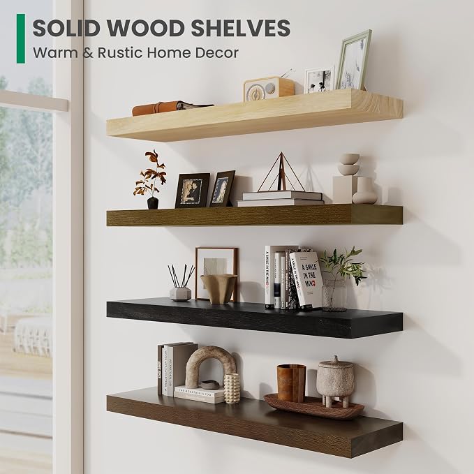 Solid Wood Floating Shelves For Wall, 48”W x 9”D x 1.56”H Large Wall Shelves for Living Room Bedroom Bathroom Kitchen Drcor Storage with Invisible Heavy-Duty Metal Bracket, Light Brown, Set of 1