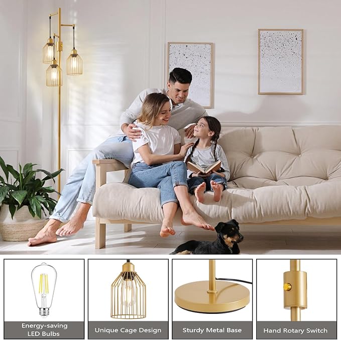 Dimmable Industrial Floor Lamp with 3 Cage Heads, 68.5" Gold Tree Standing Lamp with Stepless Dimming, Modern Farmhouse Tall Pole Light for Living Room, Bedroom, Office, E26 Base (Bulbs Included)