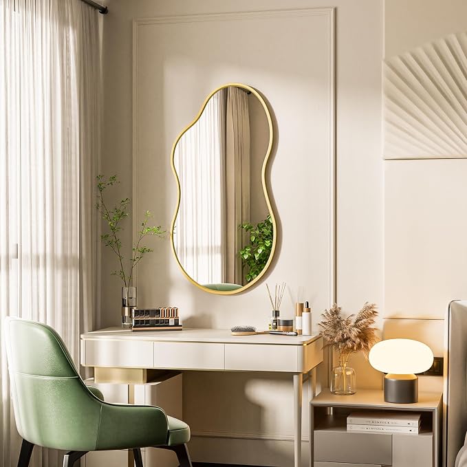 36”x 24” Gold Irregular Wall Mirror, Bathroom Asymmetrical Mirror, Metal Framed, Modern Decorative Mirrors for Wall, Bathroom Living Room Entryway (Horizontal/Vertical)