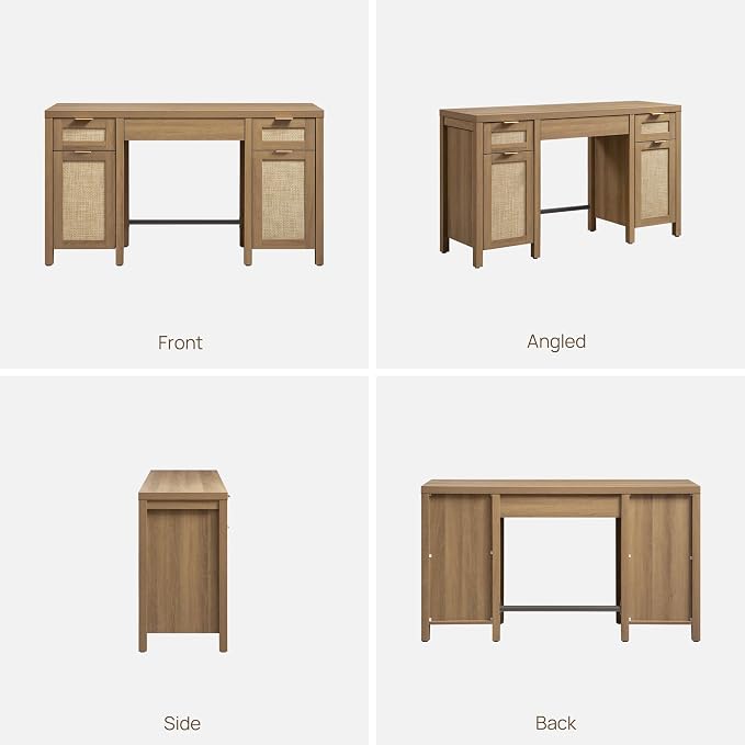 SICOTAS 52" Rattan Home Office Desk with 3 Drawers: Boho Executive Desk with 2 Storage Cabinets, Large Computer Writing Table for Study, Office, Living Room