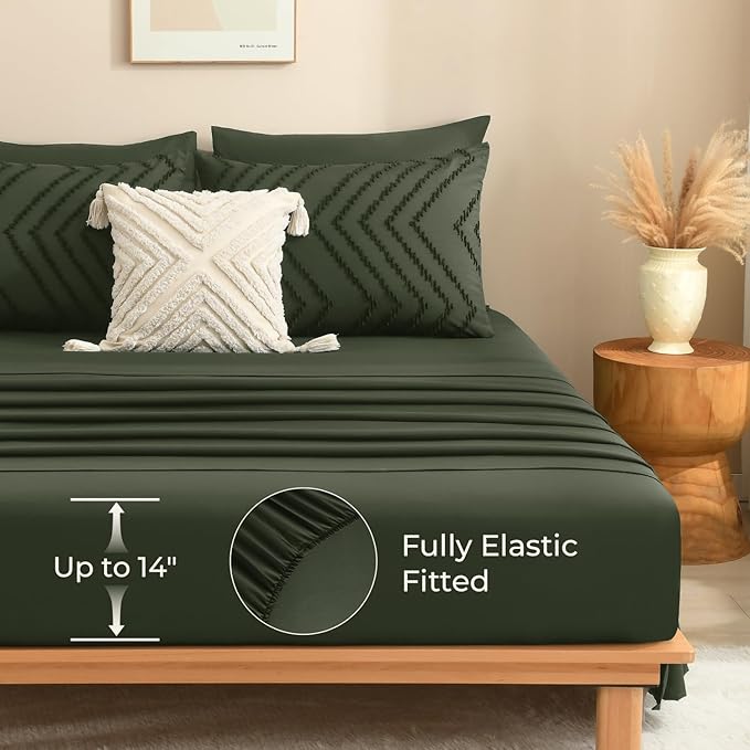 Litanika Full Size Comforter Sets with Sheets Dark Olive Green - 7 Pieces Bed in a Bag Full Chevron Tufted Complete Bedding Sets with Comforter, Sheets, Pillowcases & Shams