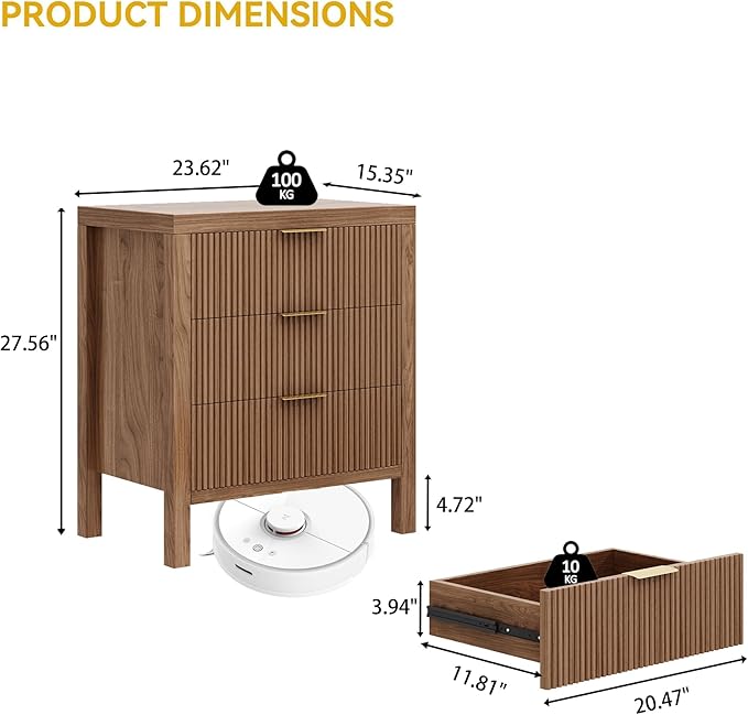 Nightstand with 3 Drawers, Dresser and Nightstand Sets, Bedside Tables, Mid Century Nightstands with 3 Wide Drawers for Bedroom, Kids’ Room, Hallway - Walnut