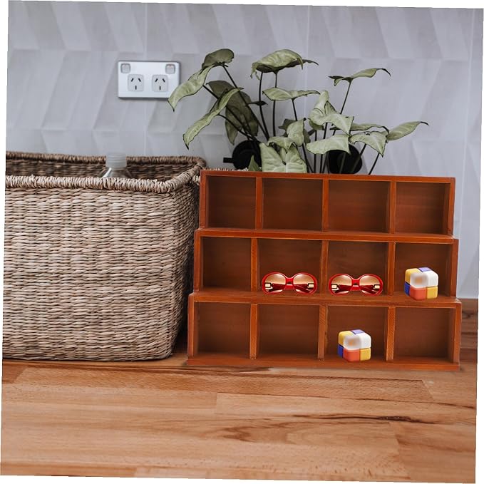 Cabilock Creative Vintage Wooden Desktop Organizer Rack with Multi Storage Stylish Wall Hanging Display Case for Home and Office Elegant Trapezoidal Design with Compartments