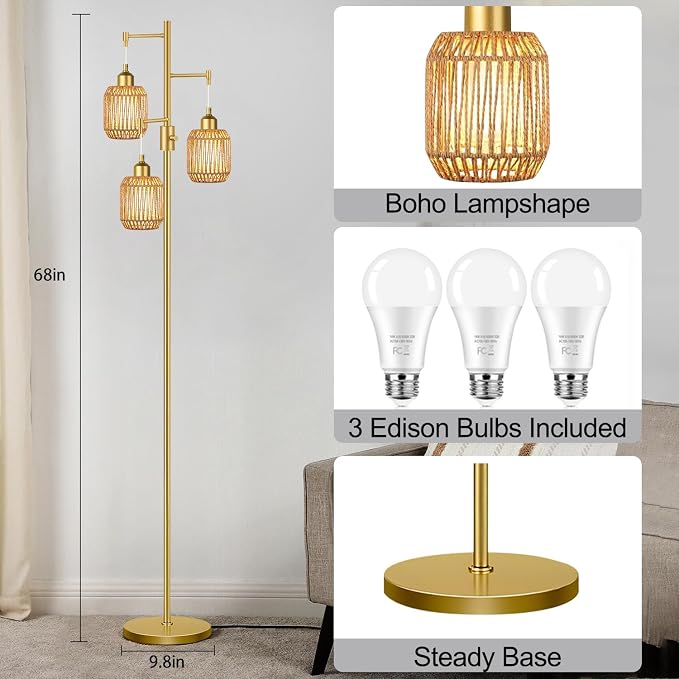 ZECOXOL Boho Floor Lamp for Living Room Bedroom-3 Light Dimmable Floor Lamp with Three Led Bulb & 3 Color Temperatures, Rustic Tall Lamp Gold Standing Lamp Tree Floor Lamps for Living Room