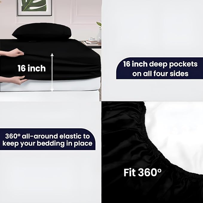 SGI bedding 100% Egyptian Cotton Sheets RV King Size – 600 Thread Count Sheets Set, Soft, Cooling, 15" Deep Pocket, Luxury Hotel Bedding, Breathable, Durable - Black