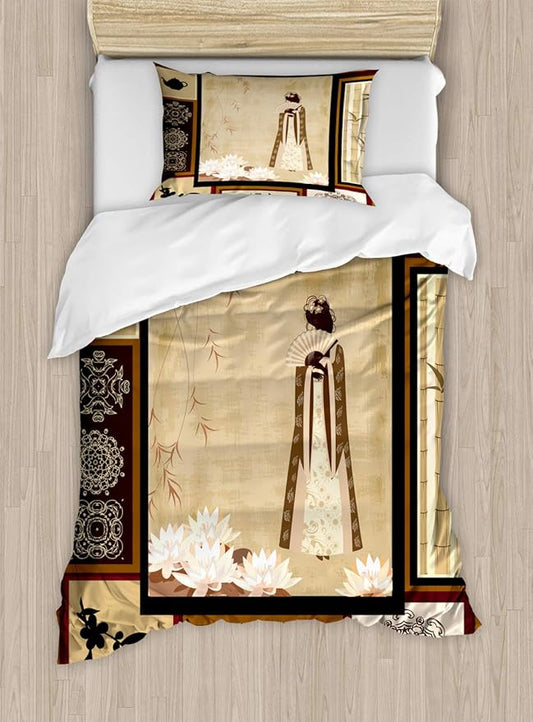 Ambesonne Japanese Duvet Cover Set, Girl in Traditional Dress and Cultural Patterns Ornaments Antique Eastern Collage, Decorative 2 Piece Bedding Set with 1 Pillow Sham, Twin Size, Brown Cream