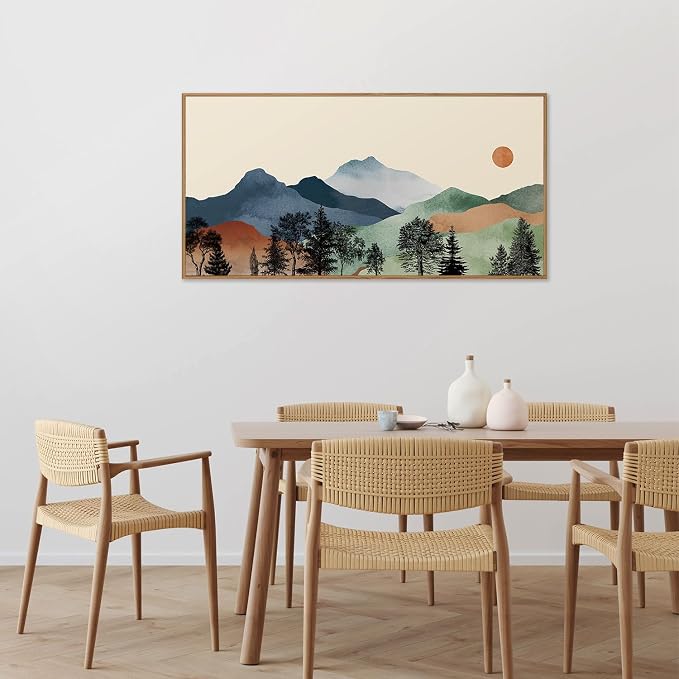 SIGNINART Boho Mountain Framed Canvas Wall Art, Watercolor Nature Landscape Art Prints, Modern Sunrise Art Paintings, Green Forest Wall Decor for Living Room, Bedroom, Office 20"x40"
