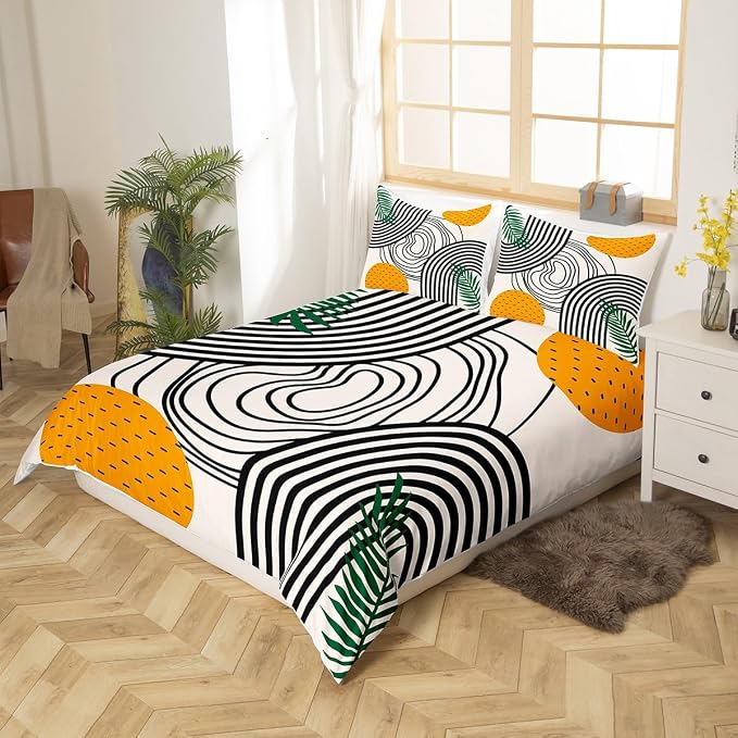 Erosebridal Modern Comforter Cover Abstract Art Bed Set, Orange Black White Aesthetic Duvet Cover Twin Size Retro Minimalism Bedding Sets, Mid Century Bedspread Cover Geometric Striped Decor