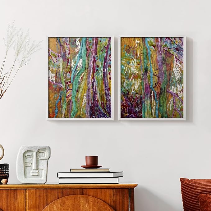 Renditions Gallery Set of 2 Peel & Stick Framed Prints, Modern Abstract Wall Art, Colorful Artistic Painting Wall Decor, Re-Stickable - Ready to Hang - 22"x28" - White Frame LT588