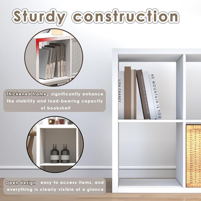 Endearing Limons【2026 Wooden Thick Border 4 Cube Shelf Storage Organizer with Anti-Tipping Kits + Reversible Open Back Bookcase (11 * 11 Unit Cell White)