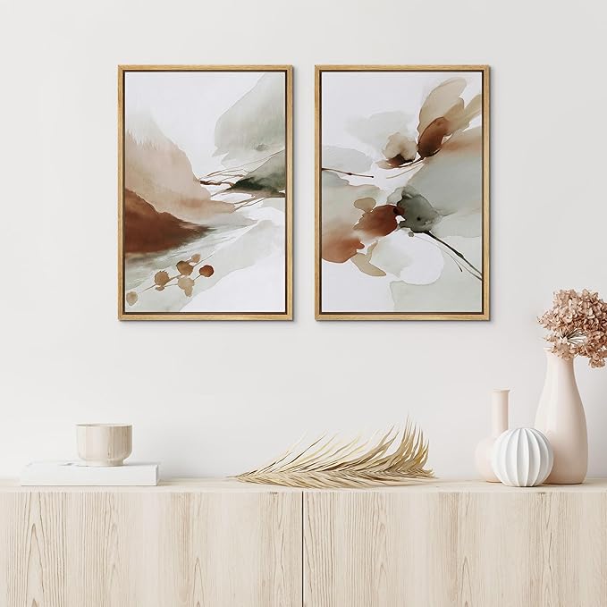 IDEA4WALL Framed Canvas Print Wall Art Set Earth Tone Watercolor Abstract Minimalist Nature-Inspired Illustrations Modern Art Decorative Calm/Zen for Living Room, Bedroom, Office - 24"x36"x2 Natural