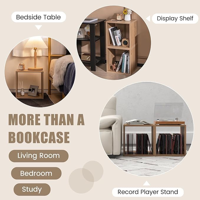2 Stackable Cubes Bookcase, Wooden Cubby Storage Organizer with Anti-Tipping Device, Small Book Shelf for Small Space, Combination Square Bookshelf Cubes (1, Natural)
