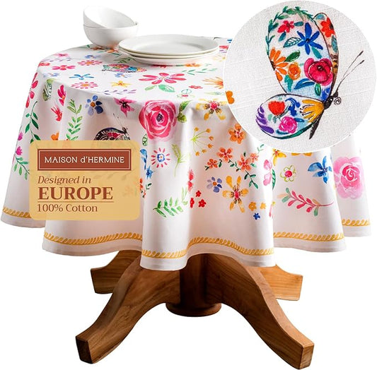Maison d' Hermine Table Cloth Round Table 100% Cotton 69 Round Inches Tablecloth Reusable Decorative for Dining Room Farmhouse Home Valentines Day Decorations Spring Summer - Happy Florals - Sweety