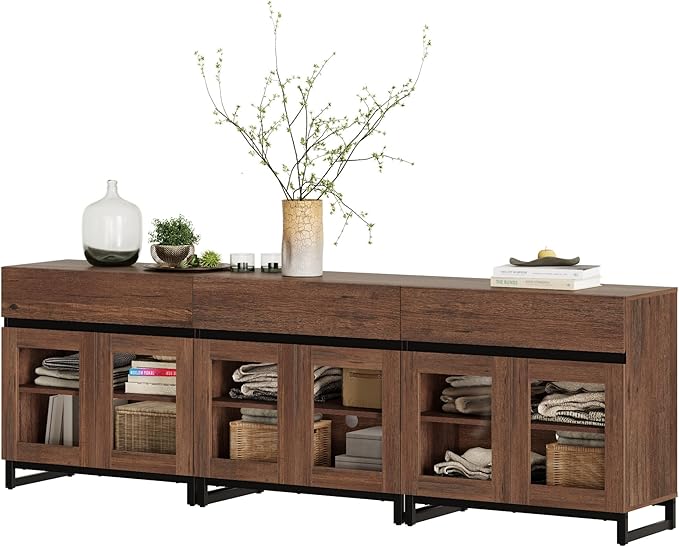 WAMPAT 94.5'' Multifunctional Sideboard Buffet Cabinets with 6 Glass Doors and 3 Drawers, Modern Sideboard Credenza, Coffee Bar Storage Cabinet for Living Room, Kitchen, Brown