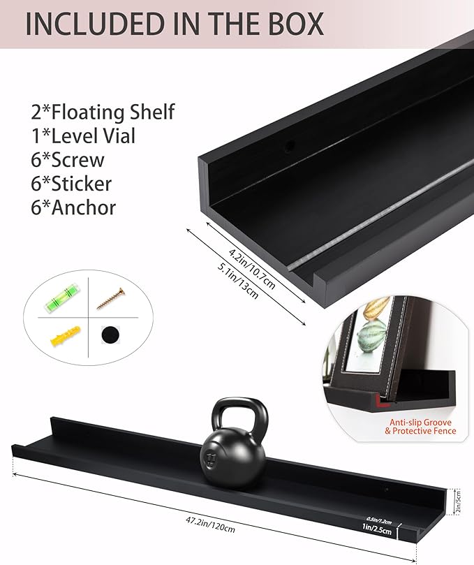 48 Inch Long Floating Shelves for Wall, Black Picture Ledge Shelf Wall Mounted Bathroom Long Ledge Set of 2, Floating Photo Shelf with Grooves for Books Bedroom Living Room Kitchen Spice Rack