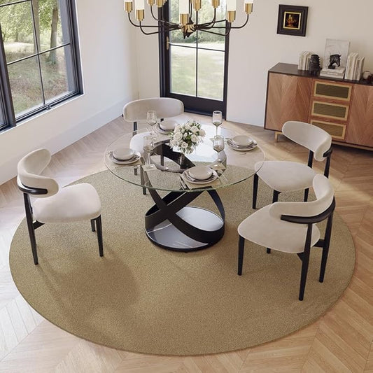 POVISON 51" Modern Round Dining Table, Glass Round Kitchen Table for 4, Tempered Glass Dining Room Table top with Black X Carbon Steel Base (Dining Table Only)