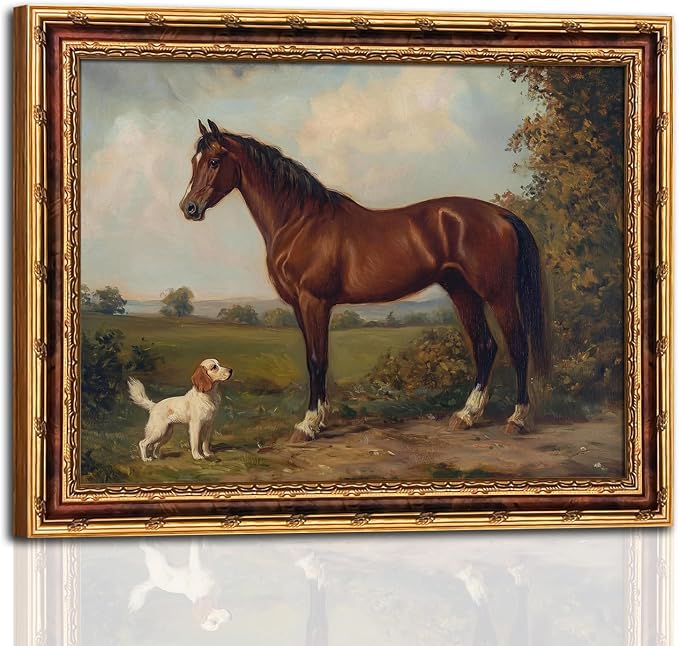 Vintage Horse and Dog Wall Art with Gold Antique Frame, Classic Western Farmhouse Painting Print, Rustic Country Home Decor Picture Wall Art 12×16 Inch