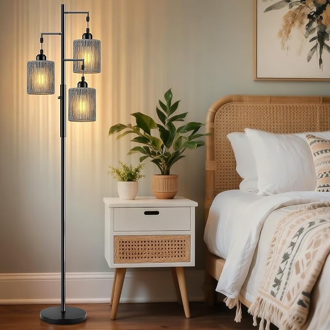 Hotsonic 72" Tall Boho Rattan Style Floor Lamp with Hand-Woven Paper Cord Shade, Dimmable Industrial Tree Standing Lamp for Living Room, Bedroom, Study Room, Office (3 x 800LM Bulbs Included) - Black
