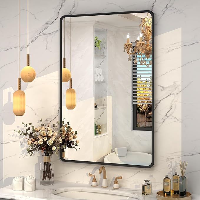 OKPAL 24X36 Inch Black Metal Framed Bathroom Mirror for Wall, Matte Black Rounded Rectangle Mirror Framhouse, Black Bathroom Vanity Mirror with Anti-Rust (Horizontal/Vertical)