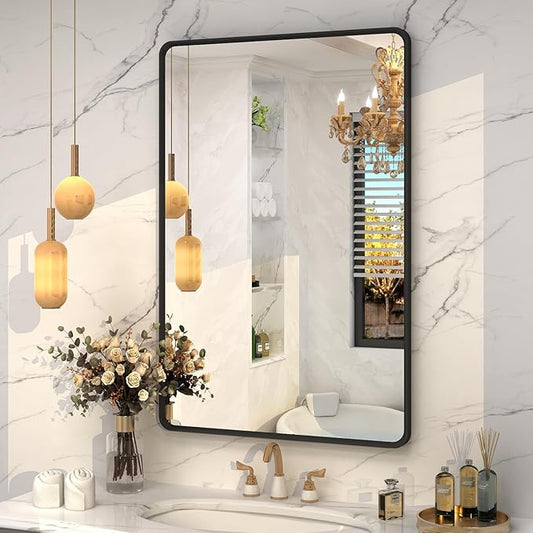 OKPAL 24X36 Inch Black Metal Framed Bathroom Mirror for Wall, Matte Black Rounded Rectangle Mirror Framhouse, Black Bathroom Vanity Mirror with Anti-Rust (Horizontal/Vertical)