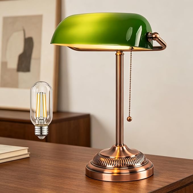 FIRVRE Green Glass Bankers Desk Lamp, Traditional Banker's Lamp, Vintage Lamp with Pull Chain Switch, Retro Table Lamps for Home Office, Library, Piano