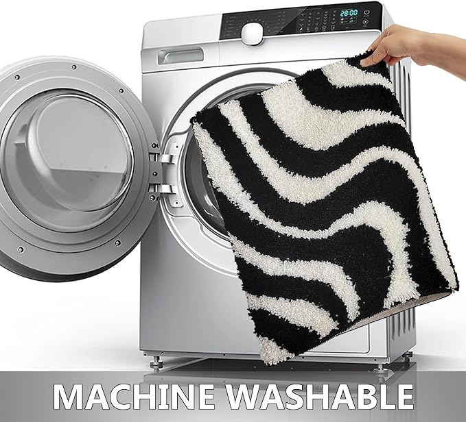 Civkor Black and White Bathroom Rug, Microfiber Bath Mat for Bathroom, Bath Mat with Non Slip TPR Backing, Machine Washable Quick Dry 20x31Inch Rug for Floor, Shower, Sink