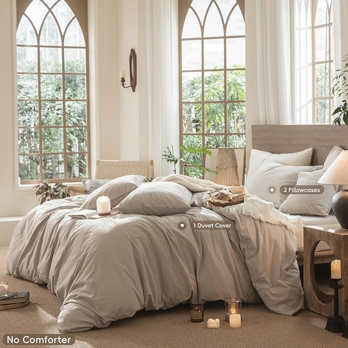 MooMee Wavy Striped Duvet Cover Set 100% Washed Cotton Linen Like Textured Breathable Durable Soft Comfy (Beige, Full 80"x90")