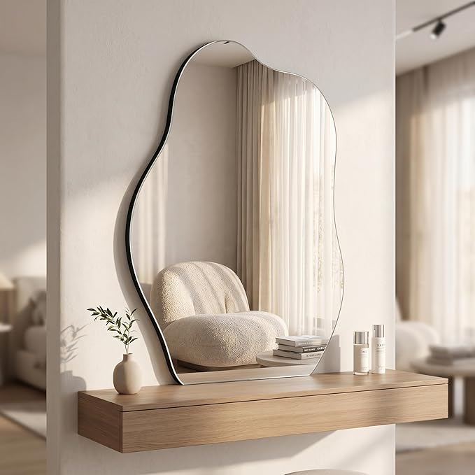 HARRITPURE Irregular Bathroom Mirror 20"x28" Black Modern Wall Mirror Wood Framed Asymmetrical Decorative Mirrors for Bedroom Living Room Entryway
