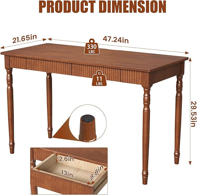 Solid Wood Desk with Drawers - 48 Inch Mid Century Modern Writing Desk,Simple Study Table Home Office Desks for Small Spaces,Easy Assembly Desks for Bedroom, Living Room&Office-Walnut Color