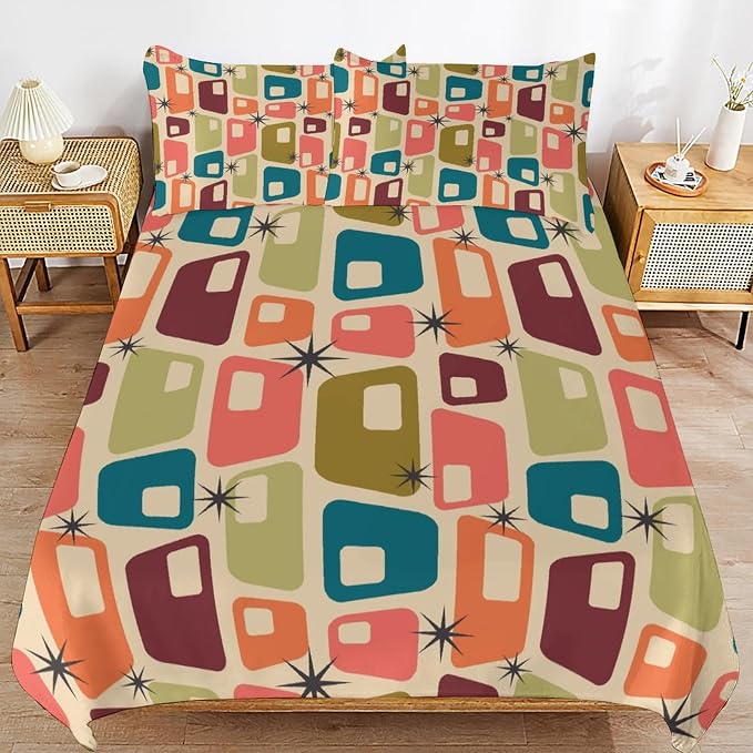 Modern Mid Century Duvet Cover Queen Retro Atomic Bedding Set, Rainbow Grid Comforter Cover Vintage Fifties 1950s Bed Set，Abstract Art Bedding 3 Piece (1 Duvet Cover 79"x90" + 2 Pillow Sham 20"x30")