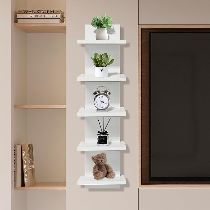5 Tier Shelves for Wall, Decorative Wall Mounted Vertical Shelving Column Decor 30 Inch H Mounted Floating Storage Organizer Natural Finish Wall Shelf for Living Room, Bedroom, Bathroom