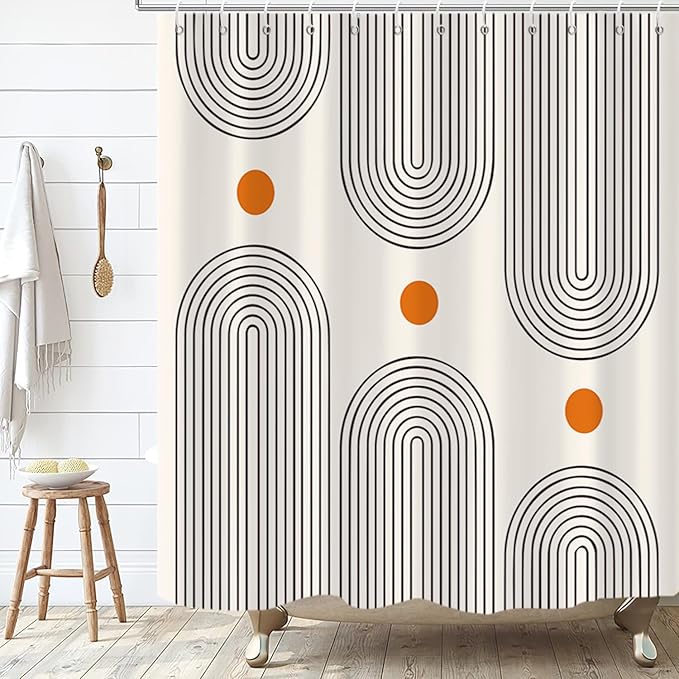 Boho Mid Century Extra Long Shower Curtain, 72Wx78H Minimalist Abstract Sun Modern Machine Washable Polyester Waterproof for Bathroom with 12 Hooks