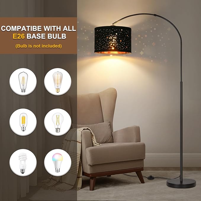 Modern Arc Floor Lamp, Tall Pole Lamp with Black Stars Lampshade, Arched Reading Light with Adjustable Lamp Head, Over Couch Hanging Light Corner Lamp for Living Room, Bedroom, Office, Black