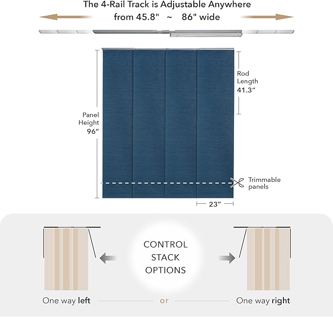 GoDear Design Adjustable Vertical Blinds for Sliding Glass Doors 45.8"- 86" W x 96" H, Extendable Sliding Panel Track Blinds for Windows, Blue Shimmering Trimmable Fabric Panels, Semi-Sheer, Sapphire