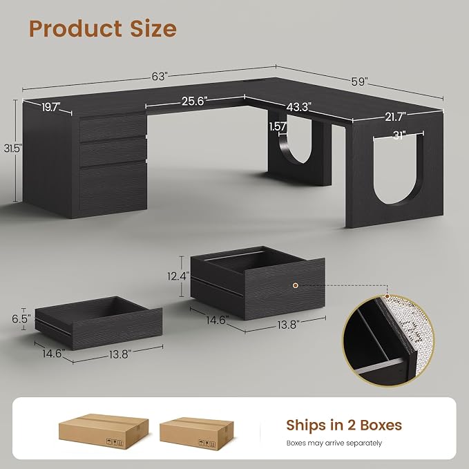 SEDETA 63" L Shaped Desk with 3 Drawers, Modern Executive Office Desk with File Drawer, Wood Corner Computer Desk with U-Shaped Legs & Relief Texture, Home Office Desk with Power Outlet, Black