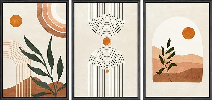 wall26 Framed Canvas Print Wall Art Set Boho Mid-Century Geometric Desert Plant Sun Nature Abstract Illustrations Modern Art Bohemian Decorative for Living Room, Bedroom, Office - 16"x24"x3 Black