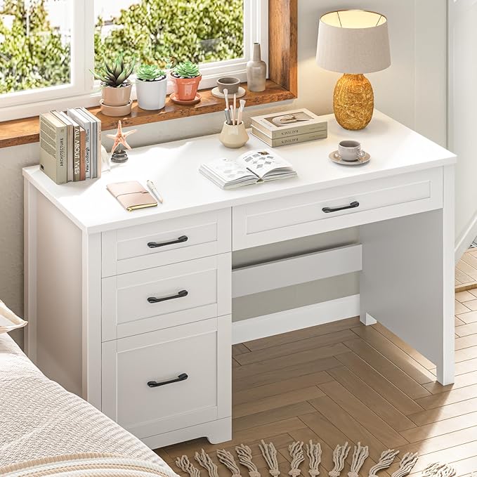 Vabches Farmhouse 47" Executive Desk with File Drawer, Wood Computer Desk with 3 Storage Drawers, Workstation for Home Office, Study, Writing.White.