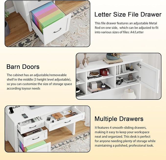 Vabches Farmhouse 67" H Executive Desk with Hutch,Office Desk with 4 Drawers and LED Light, Wood Workstation for Home Office and Study, Computer Desk with File Drawers, Charging Station.Cream White