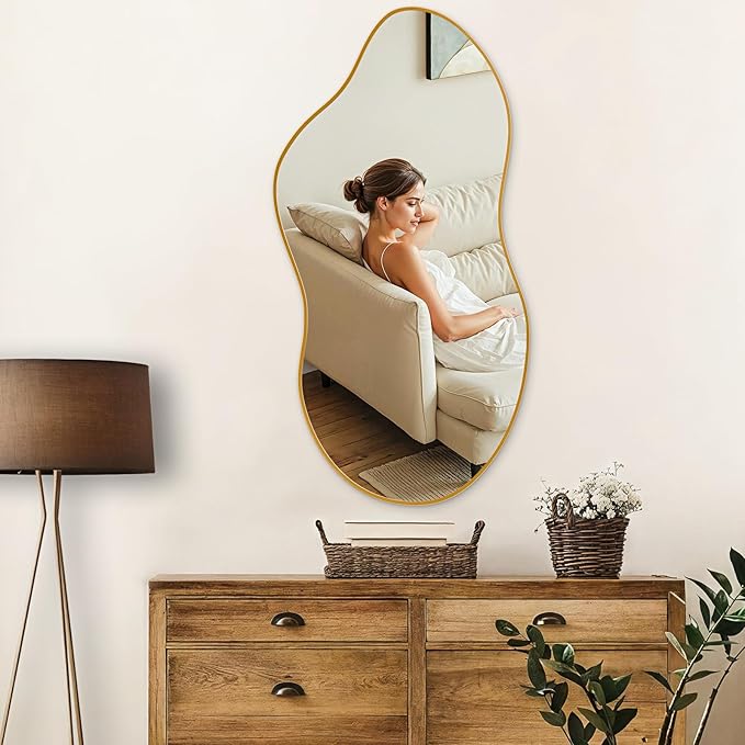 Irregular Wall Mirror 24×46 Inch Wall Mirrors Decorative Gold Modern Asymmetrical Abstract Mirror for Bathroom Bedroom Living Room Entryway Hallway